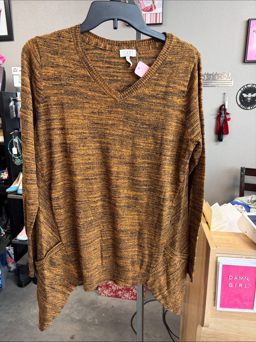 LOGO by Lori Goldstein V-Neck Sweater Tunic in Marled Mustard GKKFPZ
